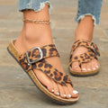 Leopard print Roman style slippers with round toe covering and wooden sole
