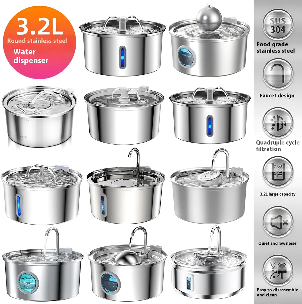 Stainless steel round pet water dispenser with 4 litre capacity and multiple outlet configuration options