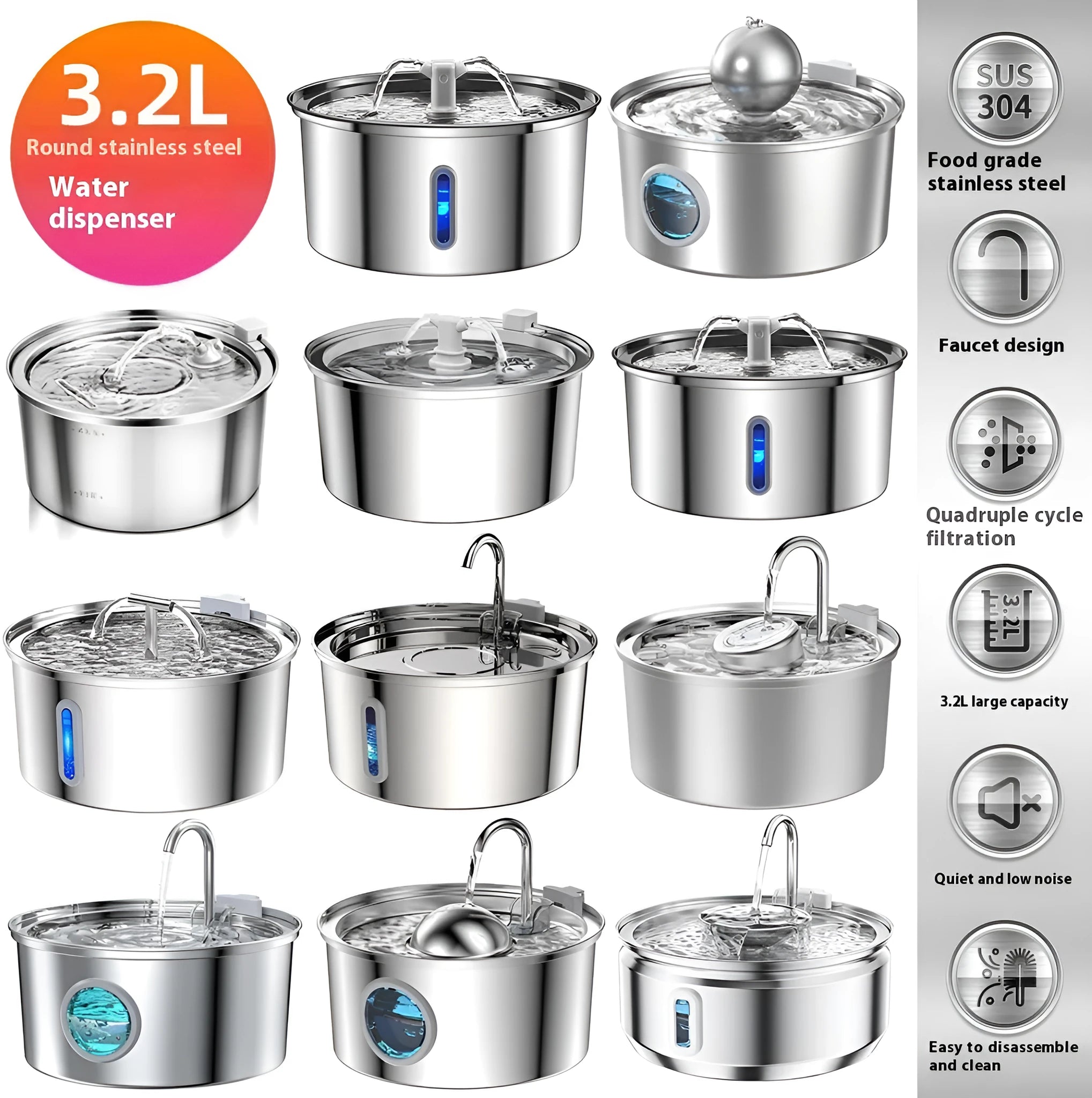 Stainless steel round pet water dispenser with 4 litre capacity and multiple outlet configuration options