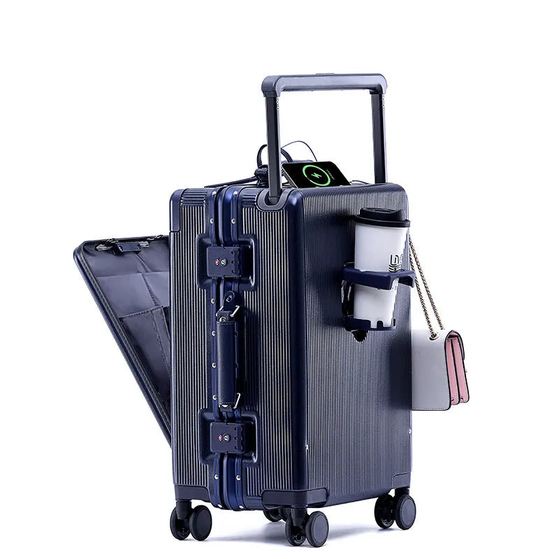 Draw-bar luggage 24-inch anti-fall PC suitcase with USB port and lock in black