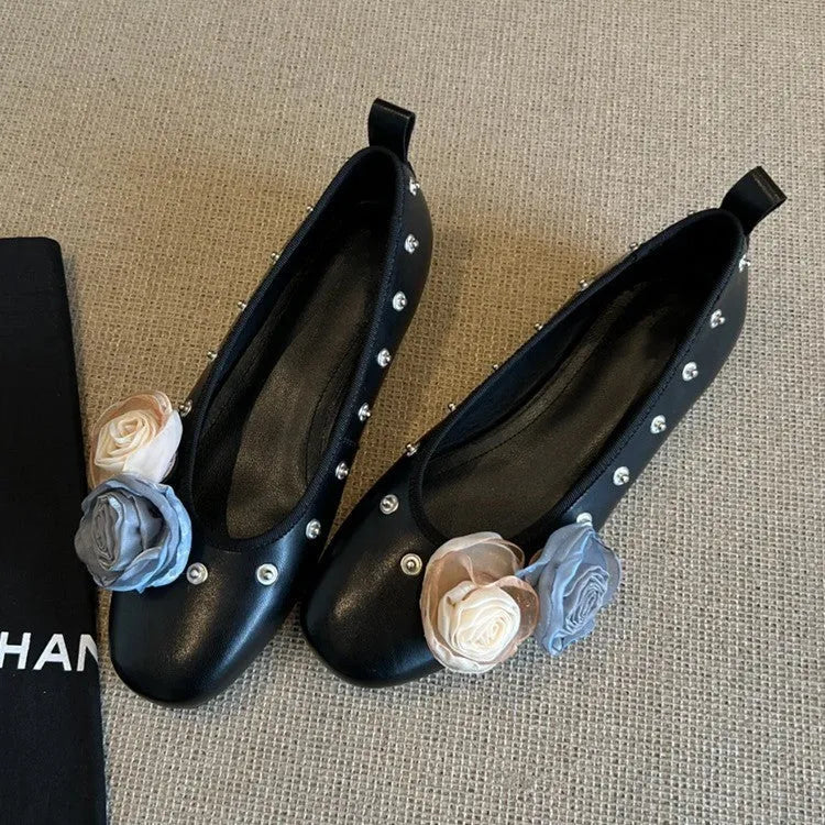 Sheepskin DIY Mary Jane shoes with buckle, flat rubber sole, in silver, black, or green for adding flower rivets.