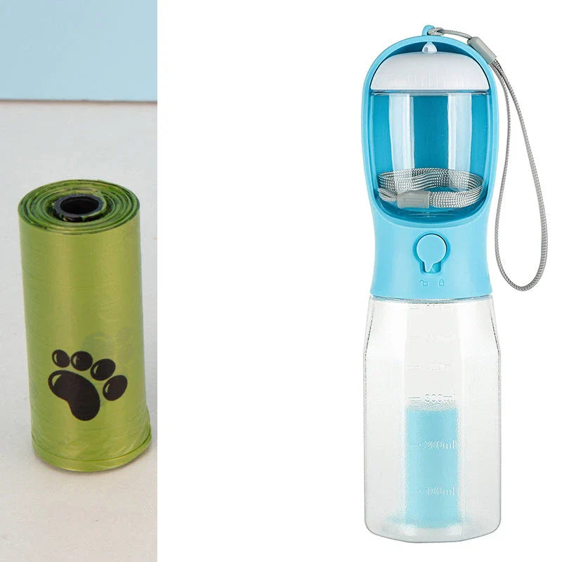 3-in-1 multifunctional pet water bottle with food feeder and waste bag dispenser in various color options