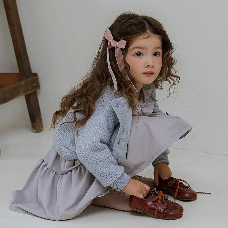 Girl's solid colour cotton princess dress with lace layering stitching, long sleeves, lotus root starch colour