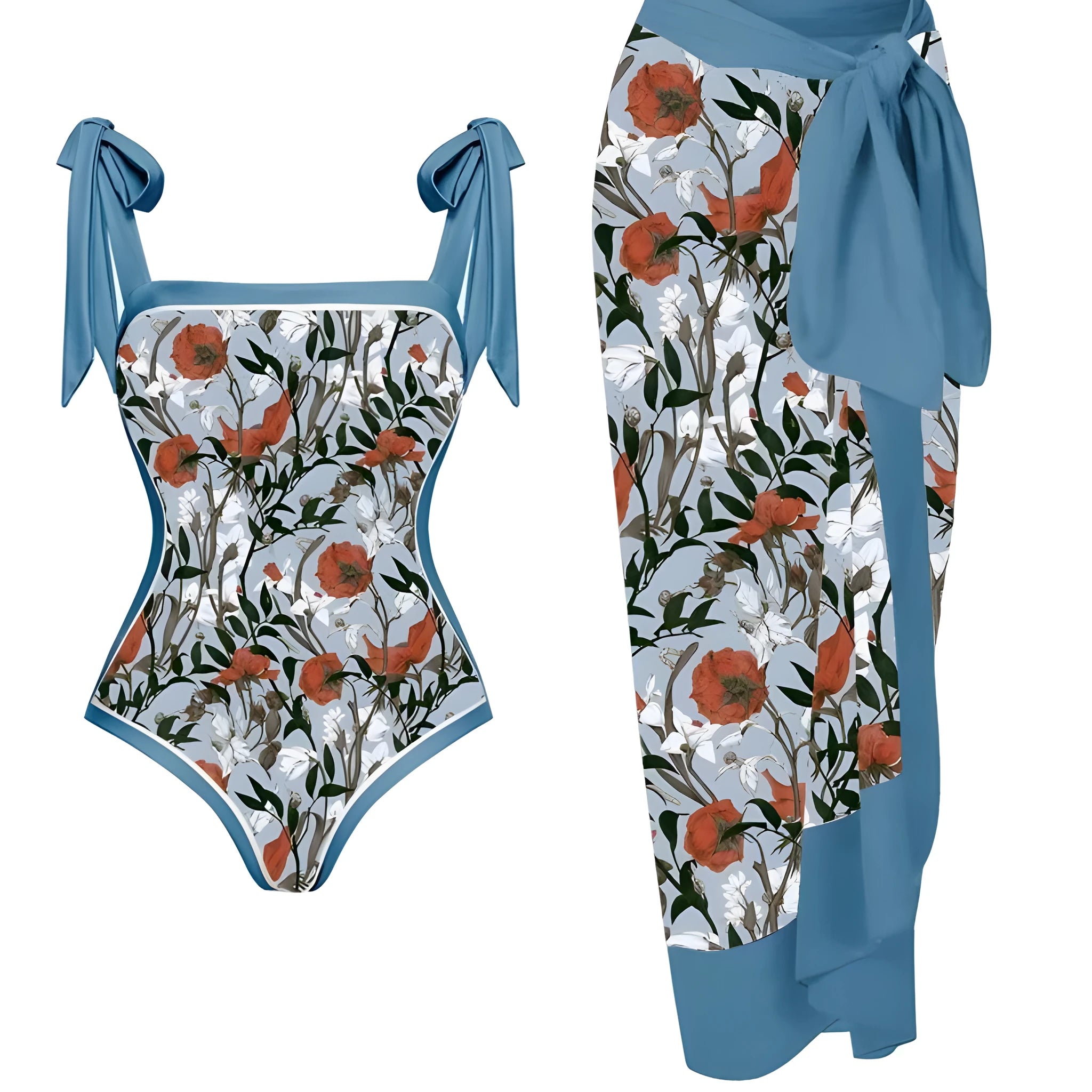 Women's printed polyester swimsuit with chiffon skirt in two-piece set