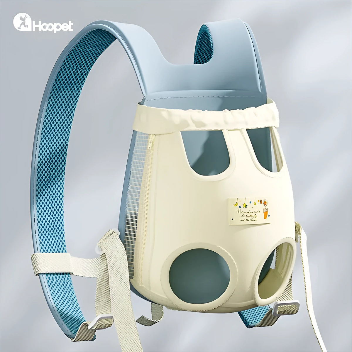 Breathable dog carrier backpack with adjustable chest harness and ventilated net panels for small pets, available in blue and pink