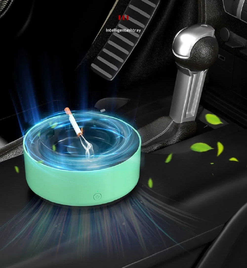 Grey electronic ashtray air purifier with cigarette grooves and a compact design.
