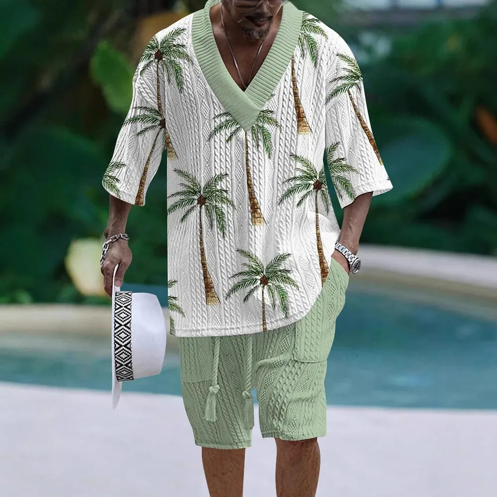 Men's loose casual short sleeve suit with matching shorts in a light colour