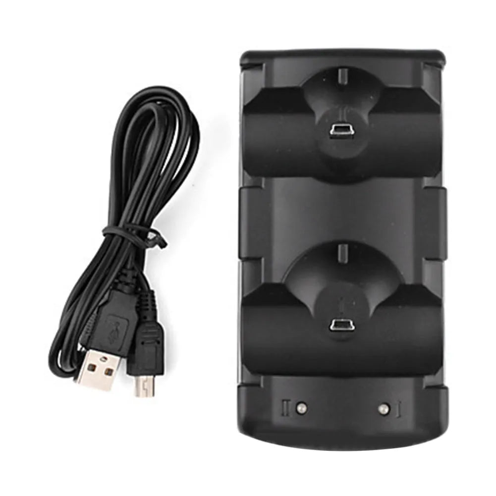 Black PS3 dual controller charging dock station showing two controllers on USB charging base.