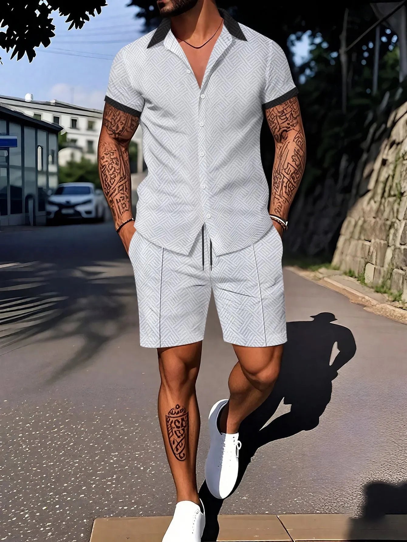 Men's digital print casual short sleeve suit set with matching shorts in beige colour