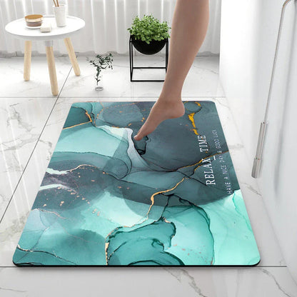 Absorbent and anti-slip bathroom or kitchen floor mat made of diatom mud fabric, sponge, and rubber for moisture control and traction