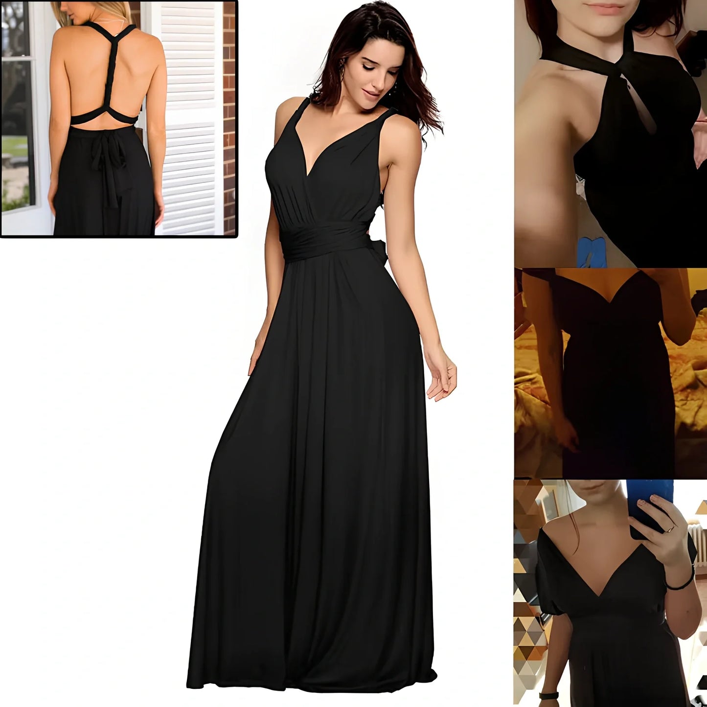 Women's khaki multiway bandage maxi dress with long straps, backless lace design, floor-length 158cm swing skirt in polyester milk silk