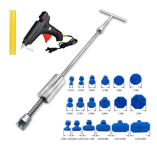 Automotive dent repair tool with white T-shaped hammer and blue adhesive pullers for car body panel dent removal