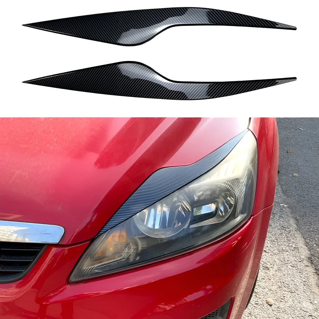 Pair of ABS plastic headlight eyebrow stickers for Ford Focus in carbon fibre pattern finish