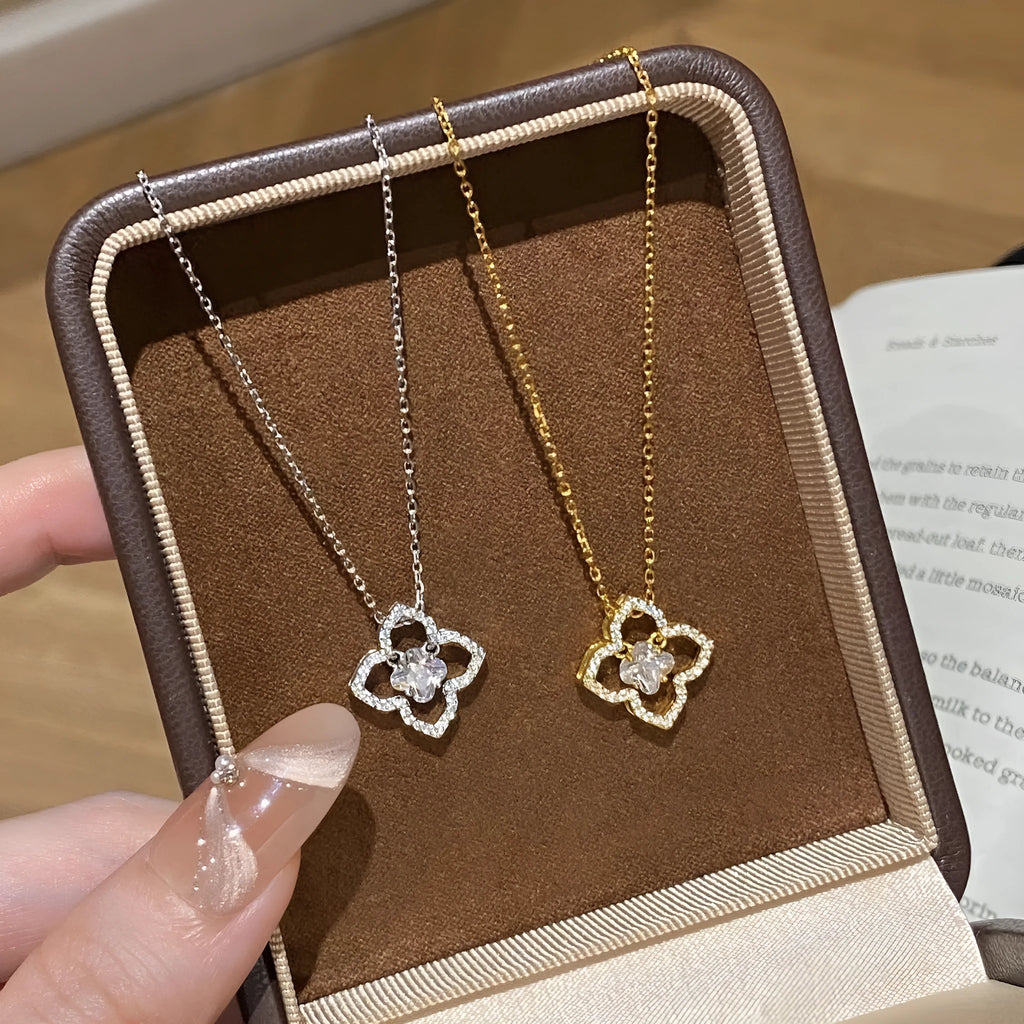 925 silver curb chain collarbone necklace with floral geometric zirconium pendant in platinum colour