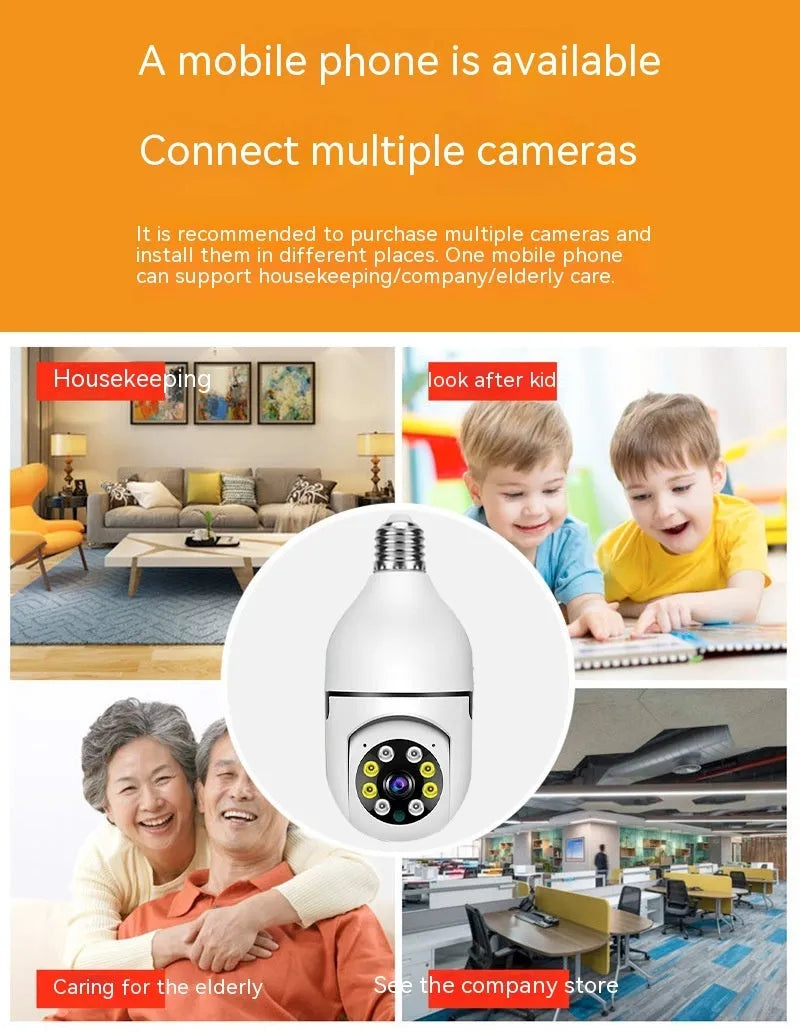Wireless wifi bulb camera with 1080p resolution and full colour night vision measuring 5x12cm