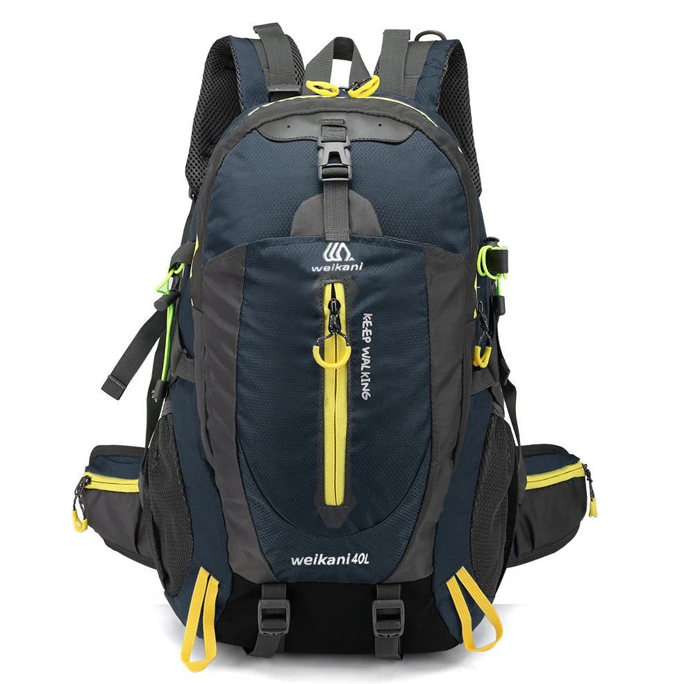 Green 40L hiking backpack with adjustable chest strap and multiple compartments for outdoor sports