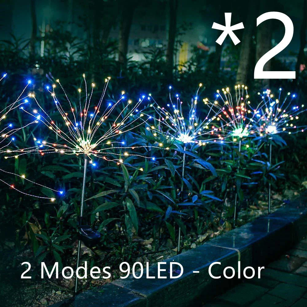 Solar-powered string lights with fireworks-inspired lighting effects, perfect for outdoor gardens, patios, and parties