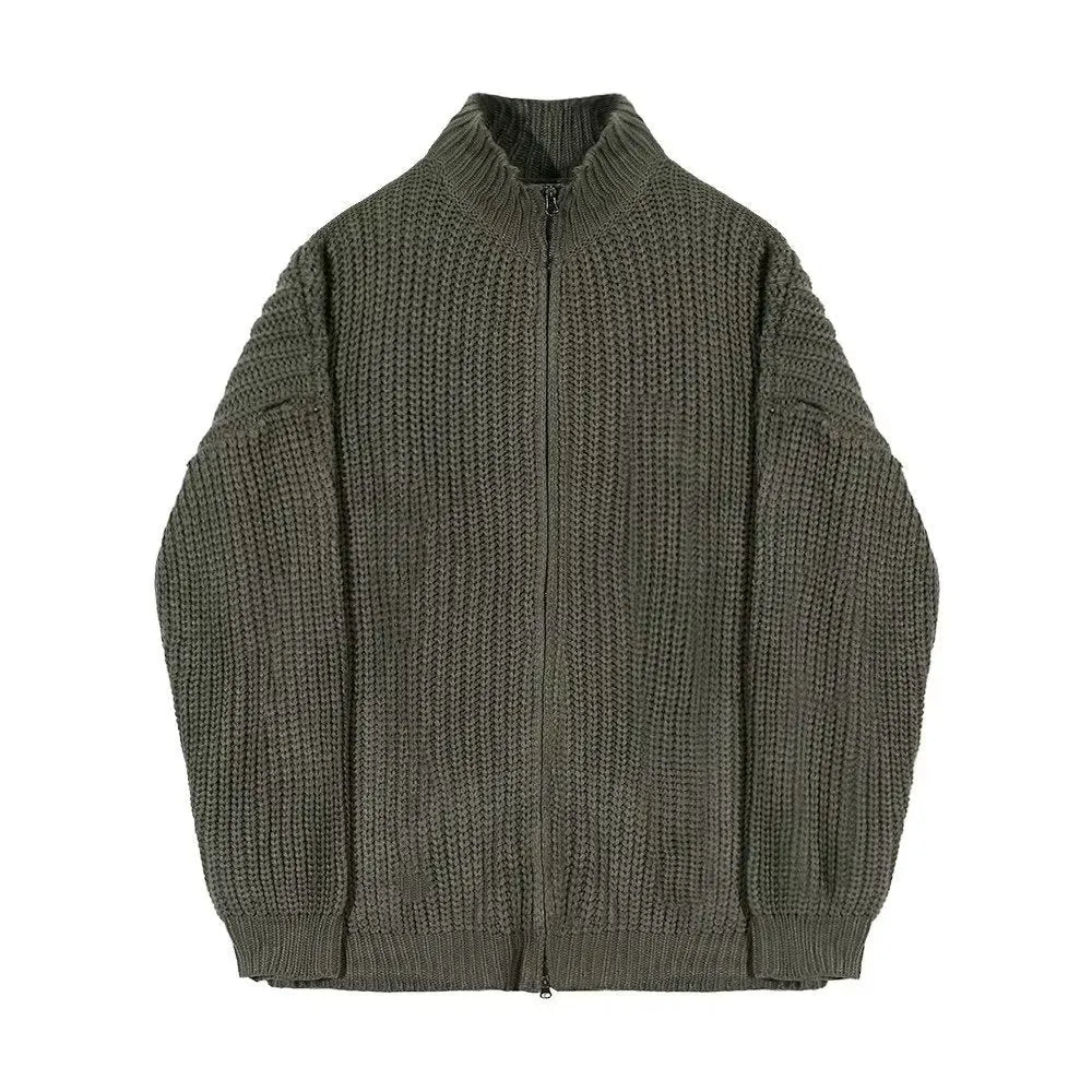 Men's half turtleneck cardigan sweater coat in green, loose fit, solid colour polyester knit for spring autumn