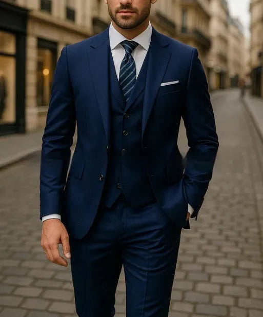 Men's business casual three-piece suit in polyester, jacket, vest, and trousers, available in multiple colours and sizes XS to 5XL