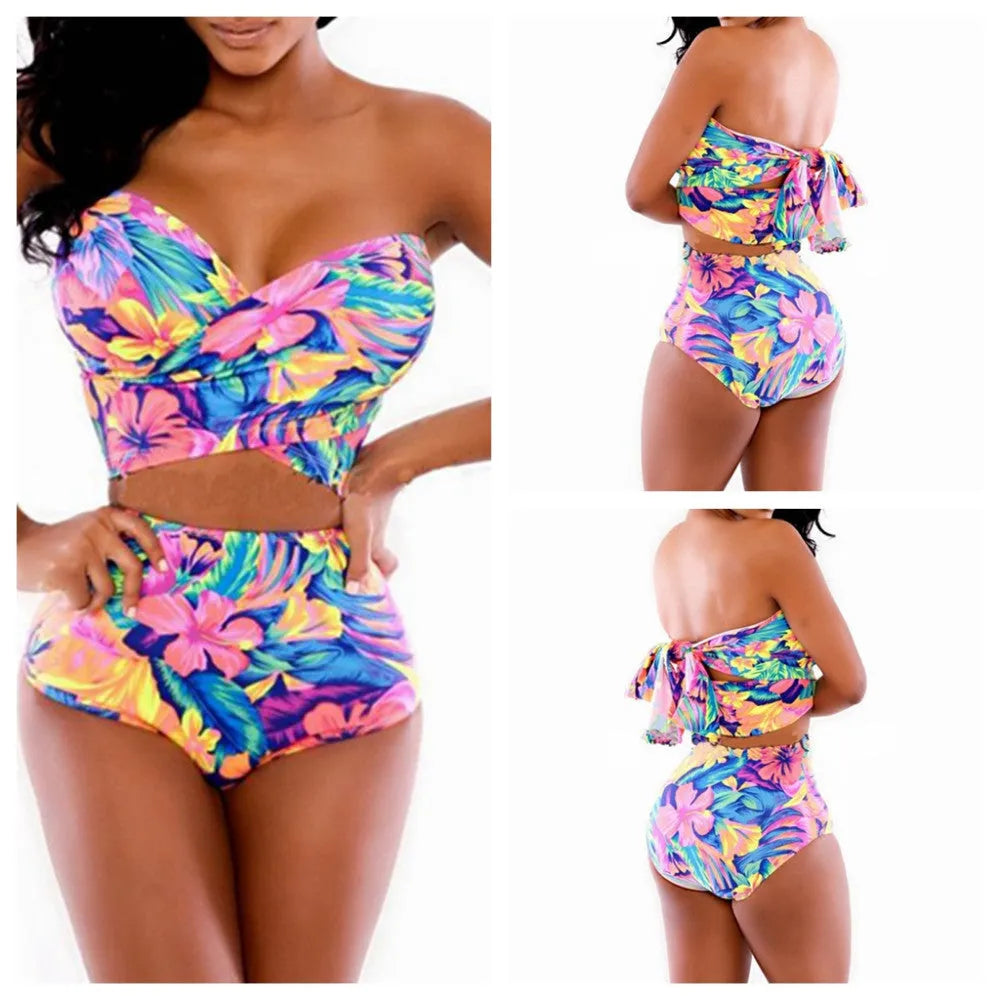 Red printed two-piece swimsuit set with chest wrap top, shown on a mannequin or flat lay.
