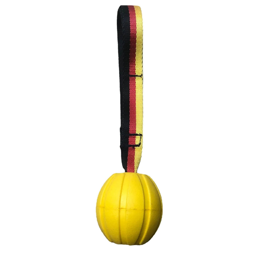 Camouflage and yellow EVA floating dog tetherball toys with string in 6.5cm, 7cm, and 9cm sizes.