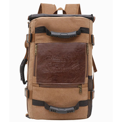 Men's canvas backpack with multiple pockets for travel and school