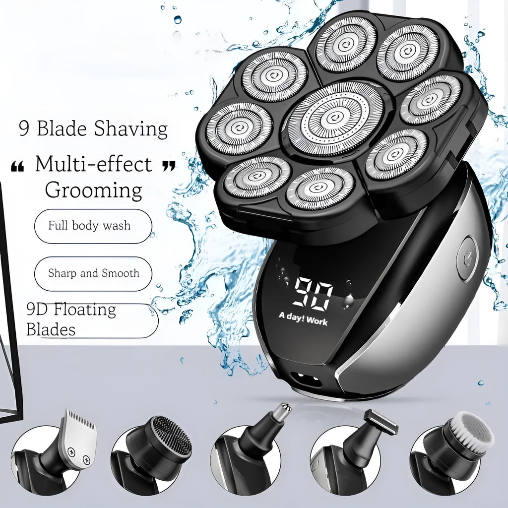 Black rechargeable 6-in-1 hair clipper kit with shaving head, nose trimmer, massage head, cleansing brush and three comb guards