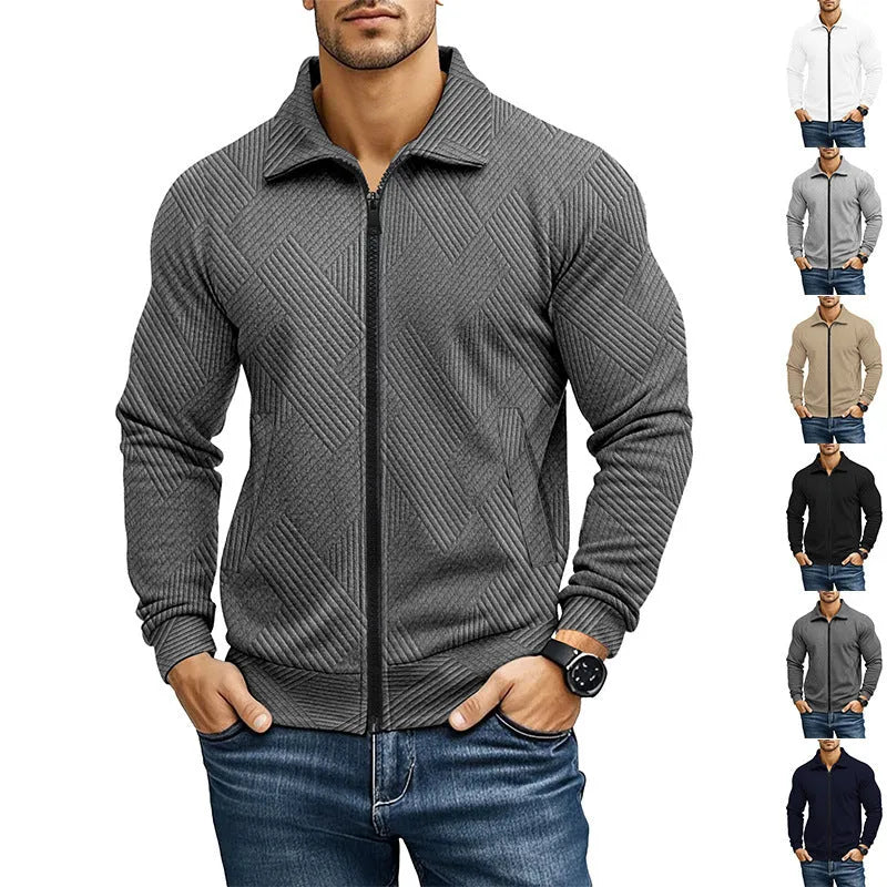 Men's solid colour casual jacket with a textured waffle turn-down collar, shown in multiple colour options.