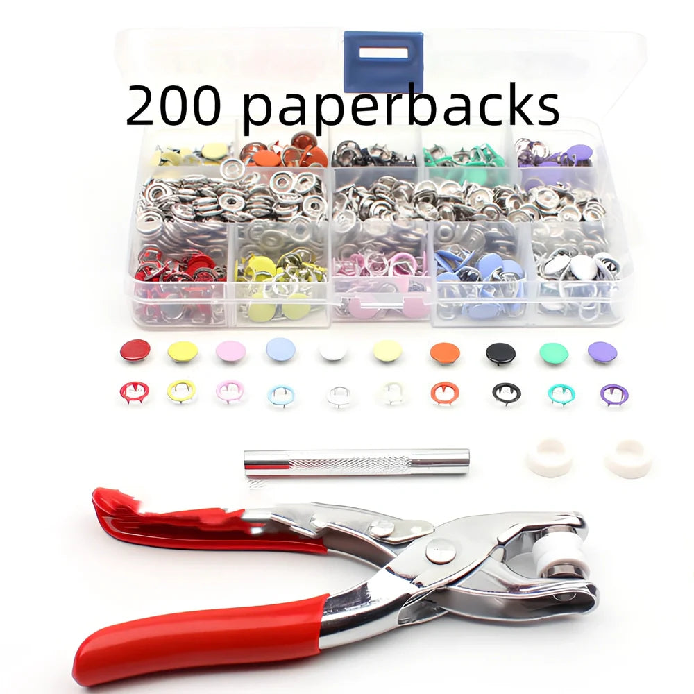 9.5mm hollow brass five prong snap buttons and hand pliers for clothing repairs, round shape with hemming edge