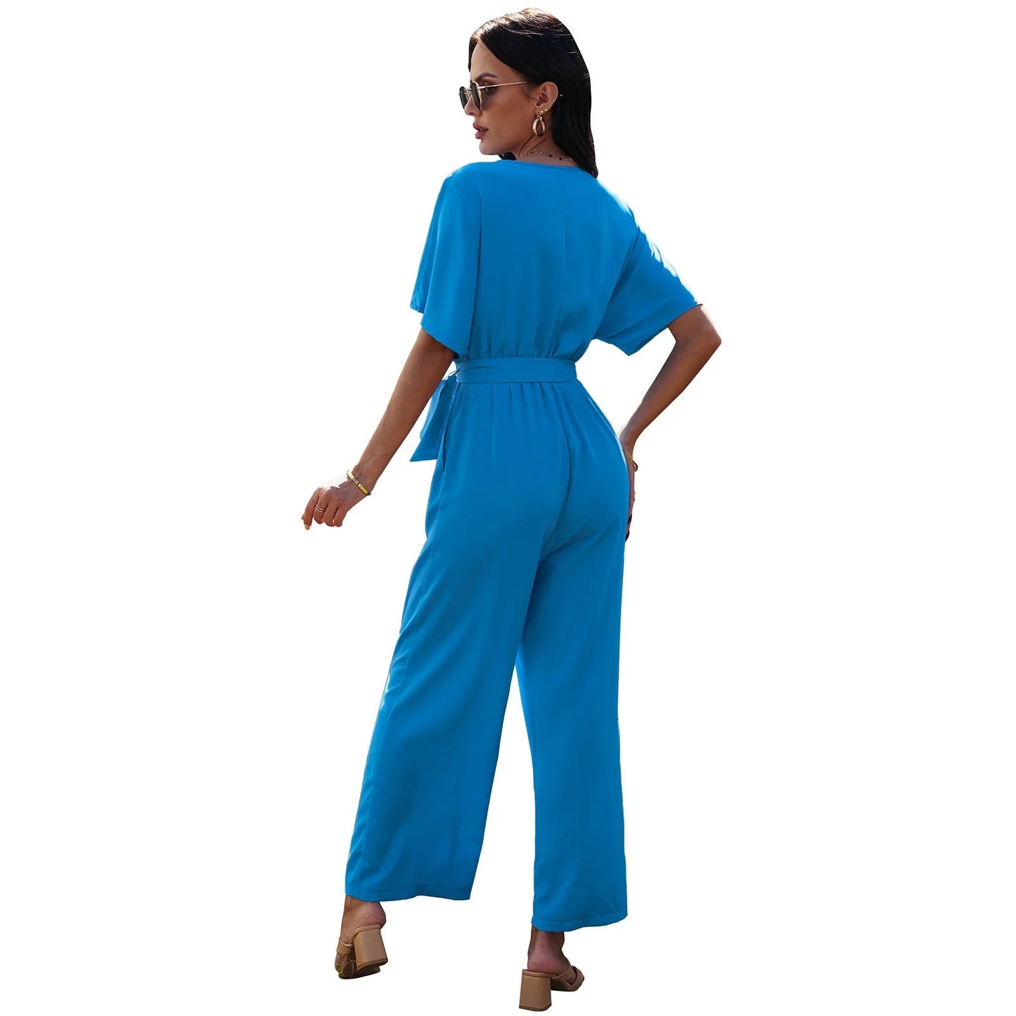 Women's V-neck tie waist jumpsuit in black, dark red, and sky blue