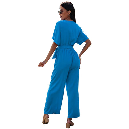Women's V-neck tie waist jumpsuit in black, dark red, and sky blue