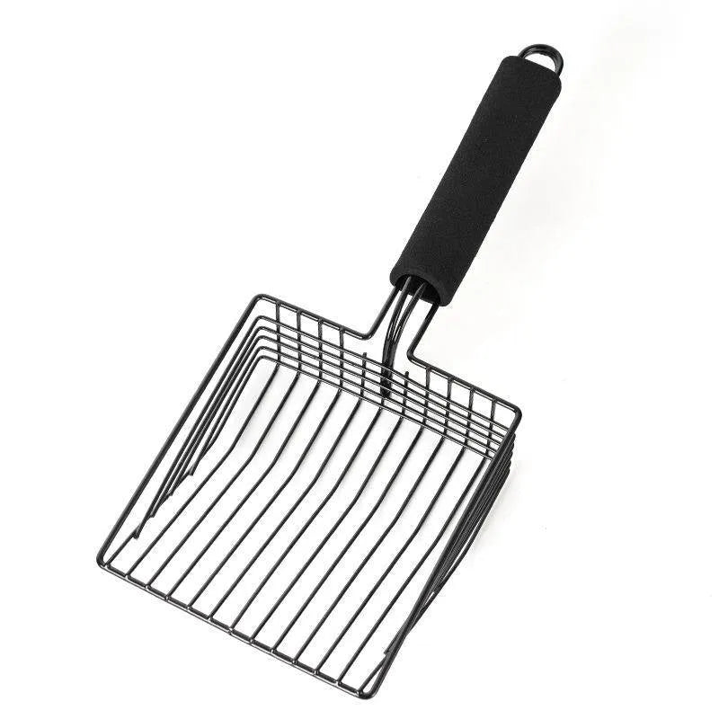 Black metal cat litter scoop with narrow tines for sifting litter