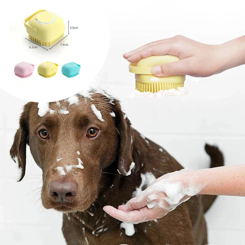 Premium silicone pet grooming brush with soft bristles, shampoo reservoir, and ergonomic handle for gentle, effective pet bathing and massage