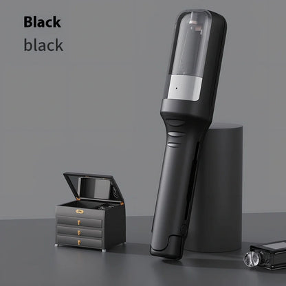 Cordless beige hair ends trimmer with 1/4-inch fixed cut, USB cable, comb and pillows for split end removal