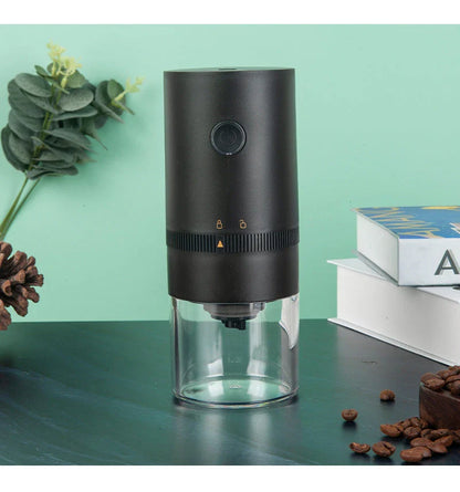 Portable electric coffee grinder with USB-C charging, adjustable grind settings, and dishwasher-safe removable bins