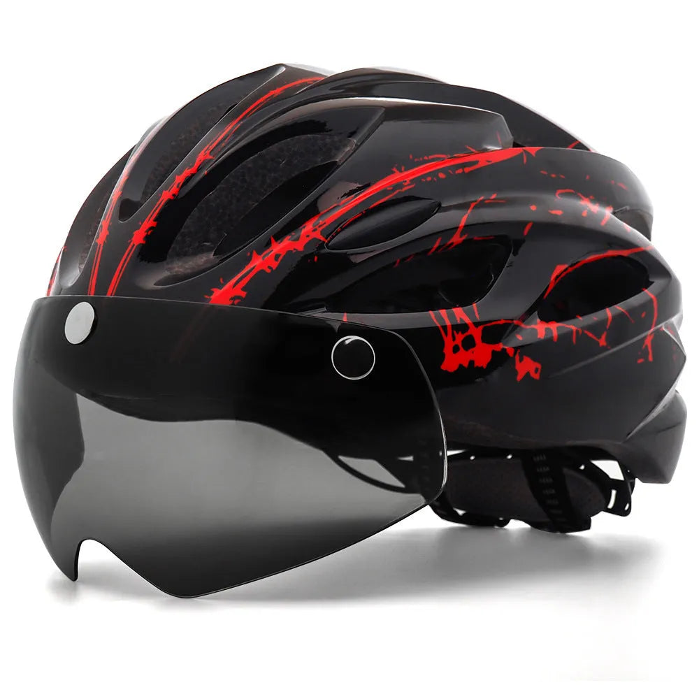 Bicycle helmet with LED light and goggles in lightning black and red colour on a neutral background