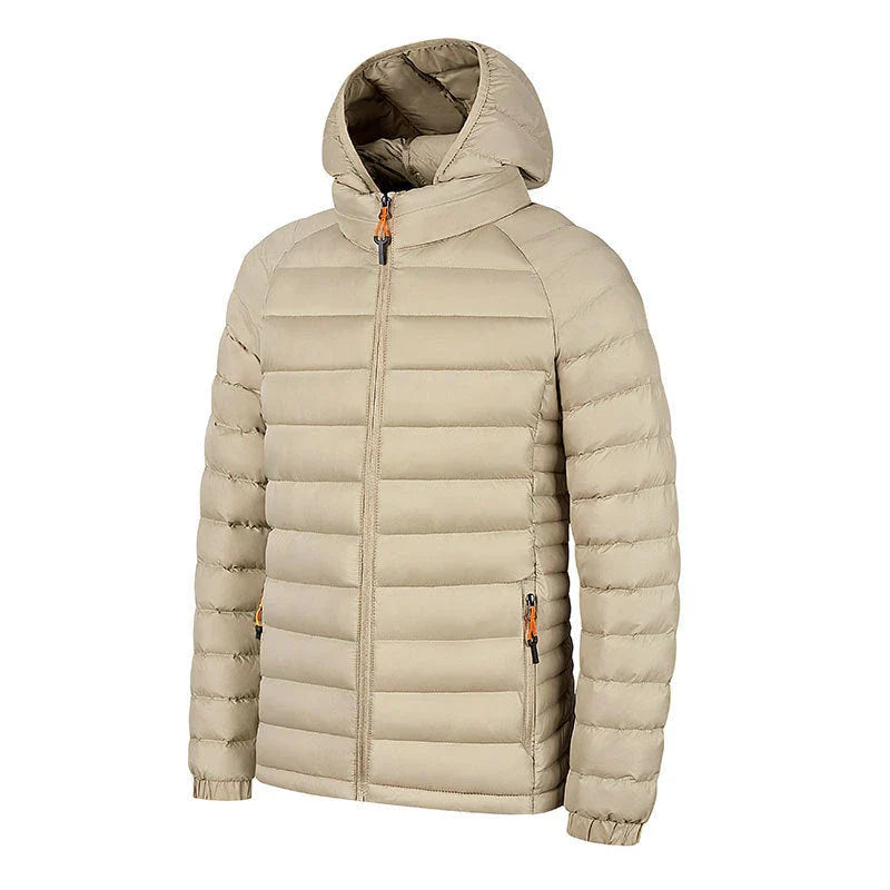 Versatile hooded jacket for men in various colors, featuring a lightweight and warm polyester design with a comfortable hood and convenient pockets.