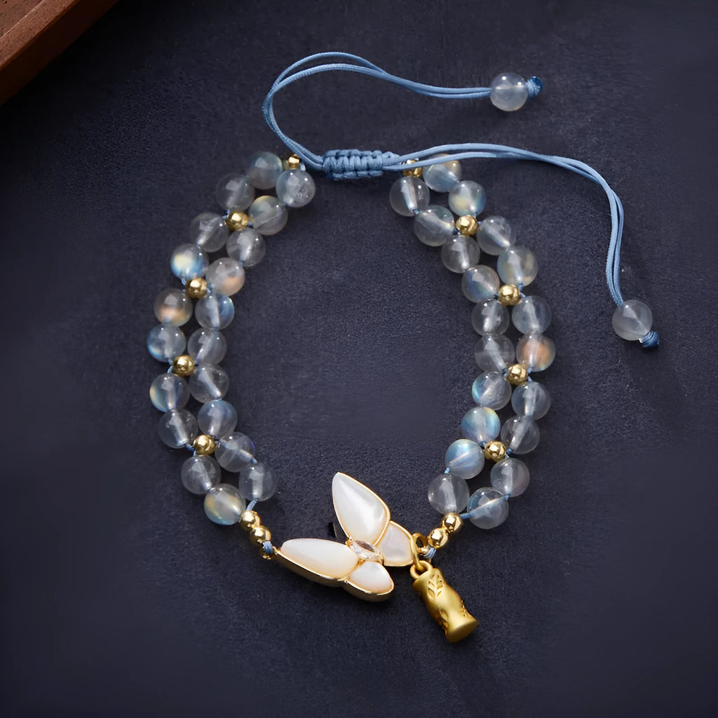 Grey moonstone geometric bracelet with butterfly woven hand rope for women.