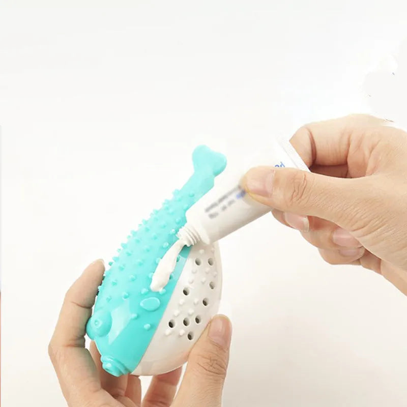 Blue silicone fish-shaped cat chew toy showing measurements and fish design details