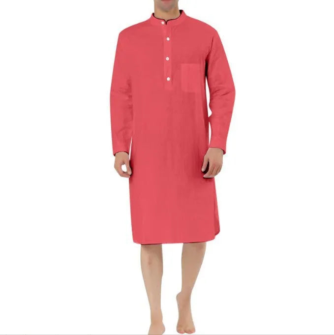 Men's simple cotton shirt robe with a front pocket, shown in a choice of colours
