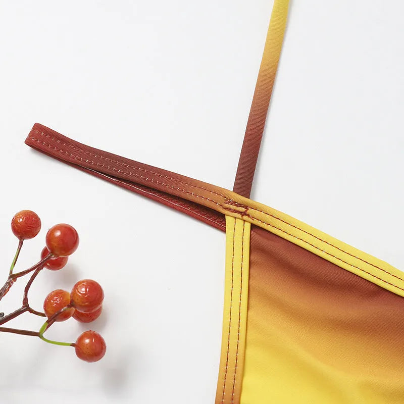 New split pure color slimming bikini swimsuit red gradient backless high elasticity briefs style
