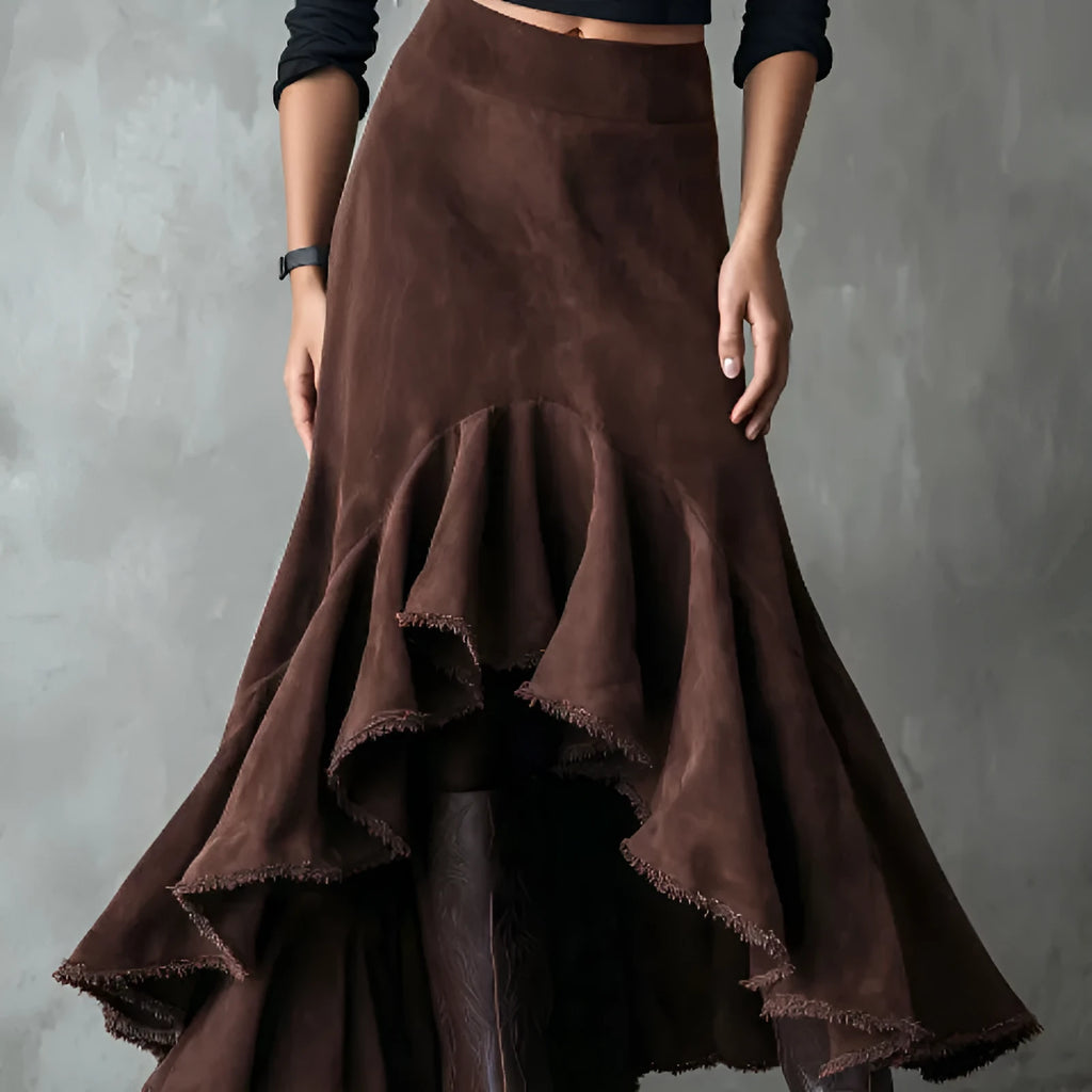 Brown women's maxi skirt with asymmetric high-low hem and western ruffle detailing