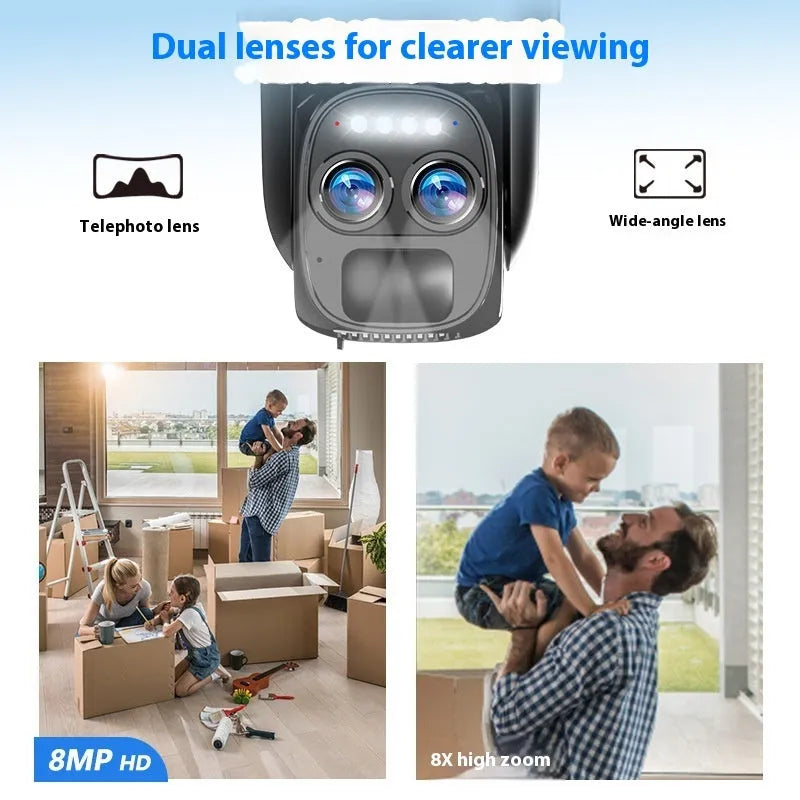 Solar-powered security camera with 8x zoom lens mounted on exterior wall