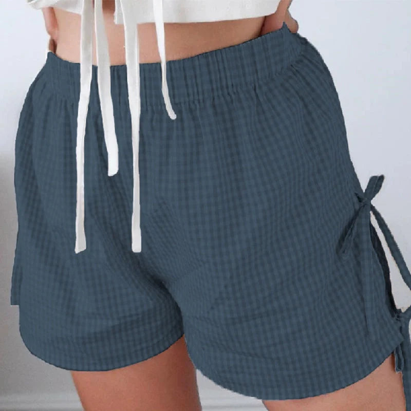Women's loose plaid print shorts with lace-up design in various colours