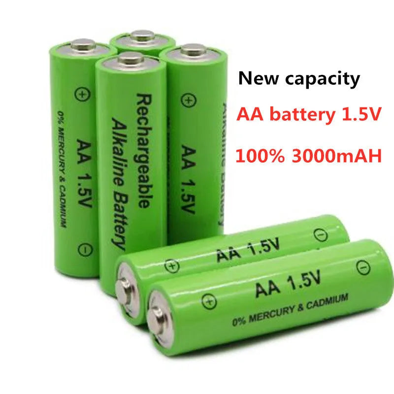Green alkaline AA rechargeable battery with 3000mAh capacity and 1.5V rating on label.