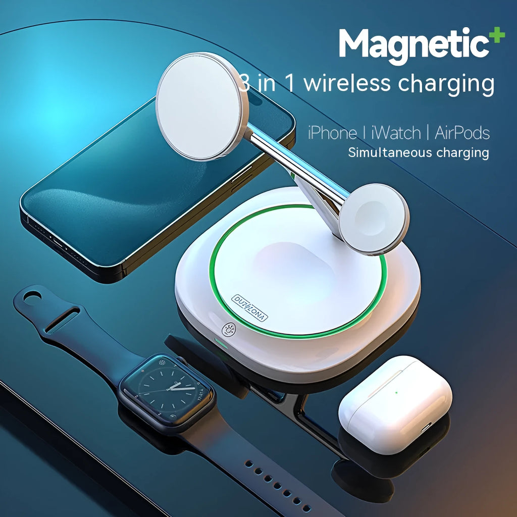 White three-in-one 15W magnetic suction wireless charger for phone earphone and watch on desk