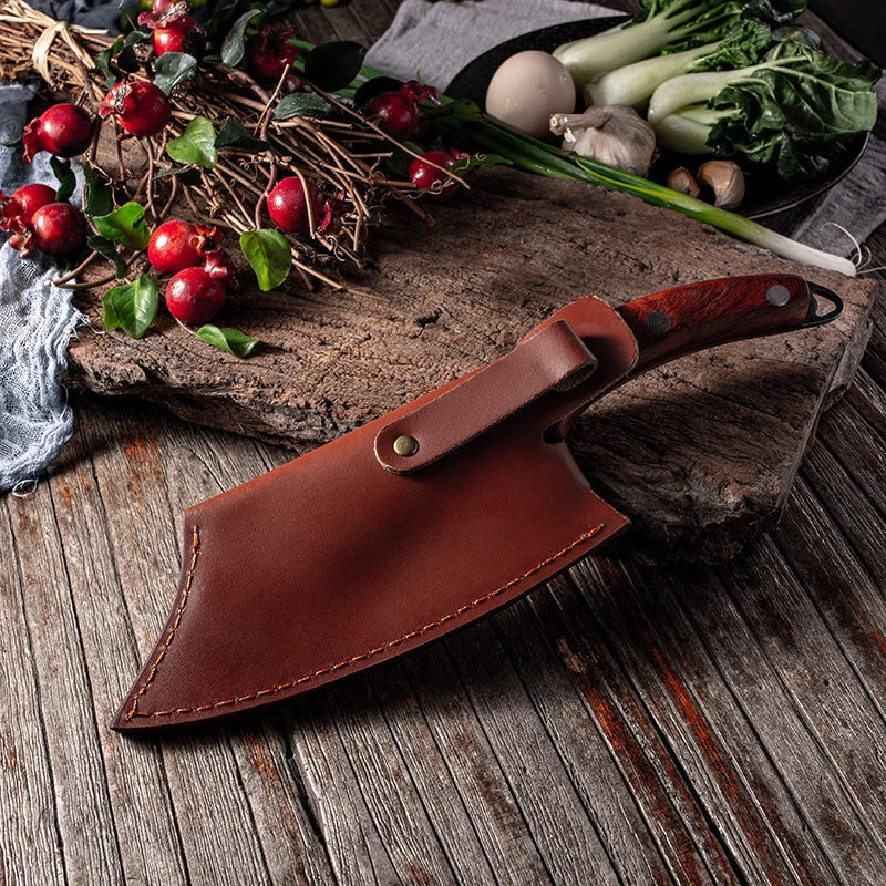 MCD108 small vegetable knife with forged leather sheath, 5Cr15 martensitic steel blade, and solid wood handle