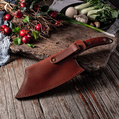 MCD108 small vegetable knife with forged leather sheath, 5Cr15 martensitic steel blade, and solid wood handle