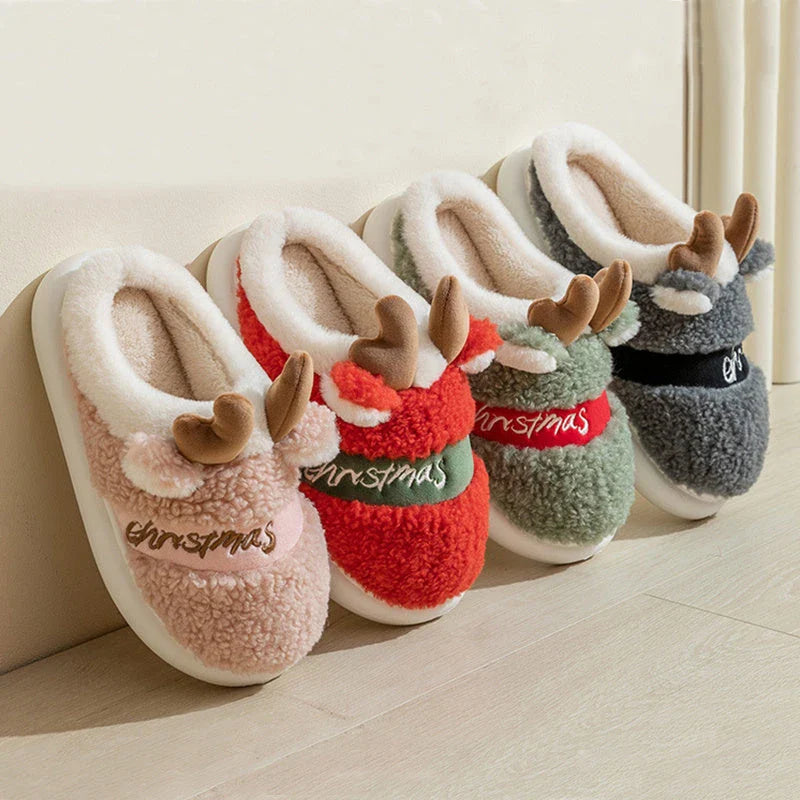 Cozy elk-inspired slip-on slippers with soft suede uppers and cushioned EVA soles for comfortable indoor wear