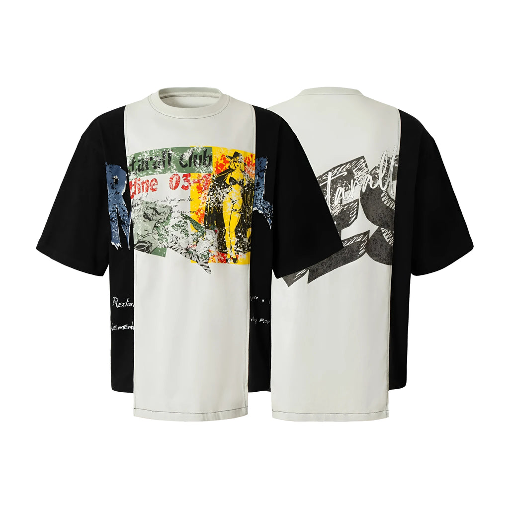 Black and white deconstruction print on a loose-fit cotton blend T-shirt with short sleeves.